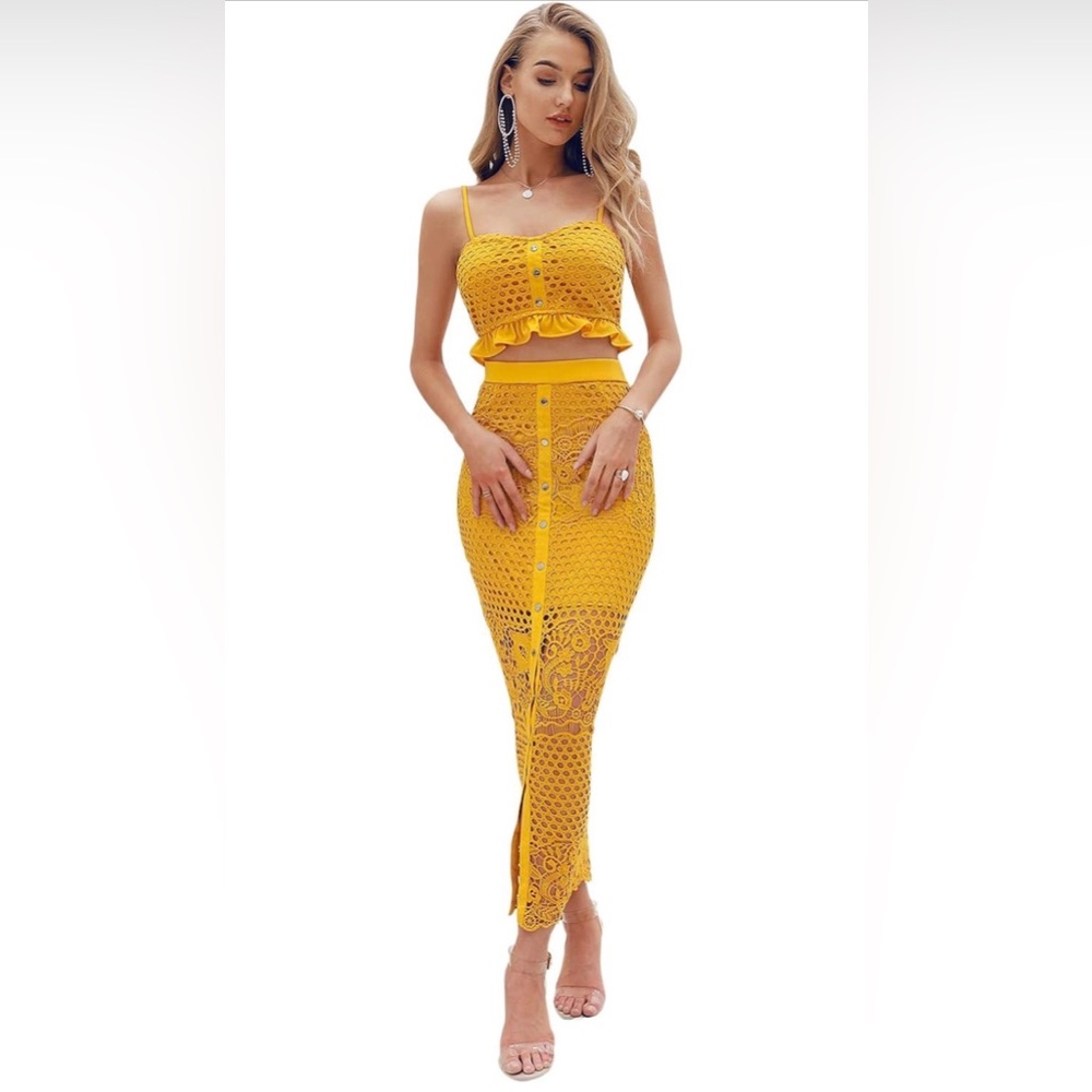 Elegant Yellow Lace Two-Piece Set
